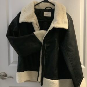 Faux Leather Moto Jacket w/ Faux Wool Detailing